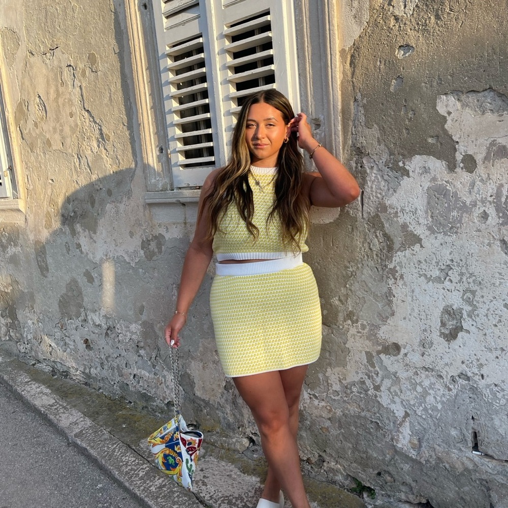 Crochet Checkered Yellow Mini Skirt Matching Set